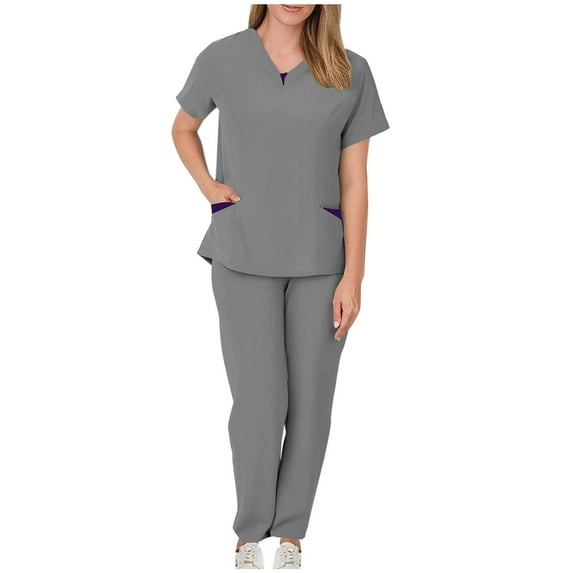Woman Medical Nurse Uniform Solid Color Pocket Drawstring Pants Protective Suit Short Sleeve V-Neck Shirts Sets