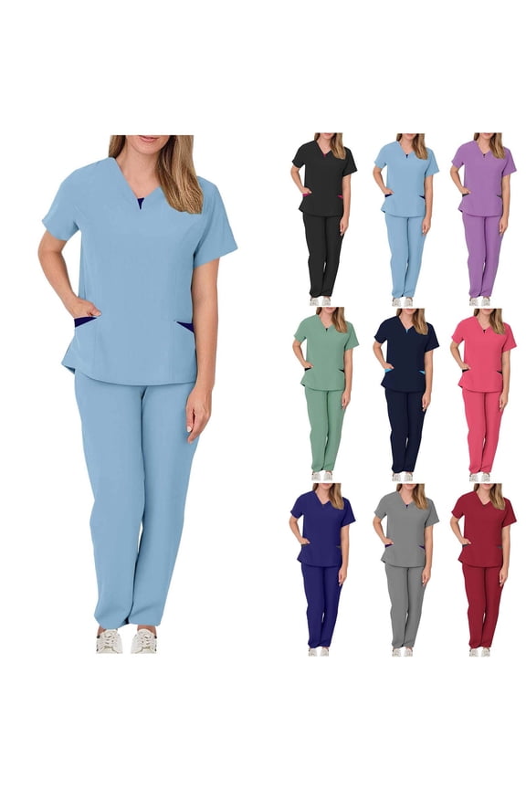 Woman Medical Nurse Uniform Solid Color Pocket Drawstring Pants Protective Suit Short Sleeve V-Neck Shirts Sets