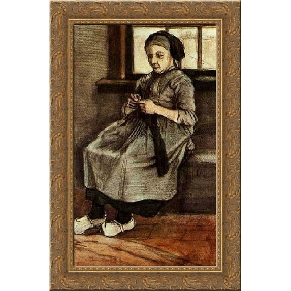 Woman Mending Stockings 24x16 Gold Ornate Wood Framed Canvas Art by Vincent van Gogh