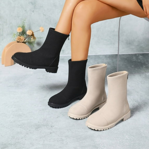 Woman Mid Calf Boots Chunky Low Heel Round Toe Booties with Zipper Women Trendy Casual Outdoor Dressy Winter Warm Shoes Beige 8.5