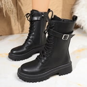 Woman Mid Calf Boots Round Toe Chunky Heel Lace-up Cozy Boots Womens Casual Versatile Fashionable Fall Winter Trendy Short Boots