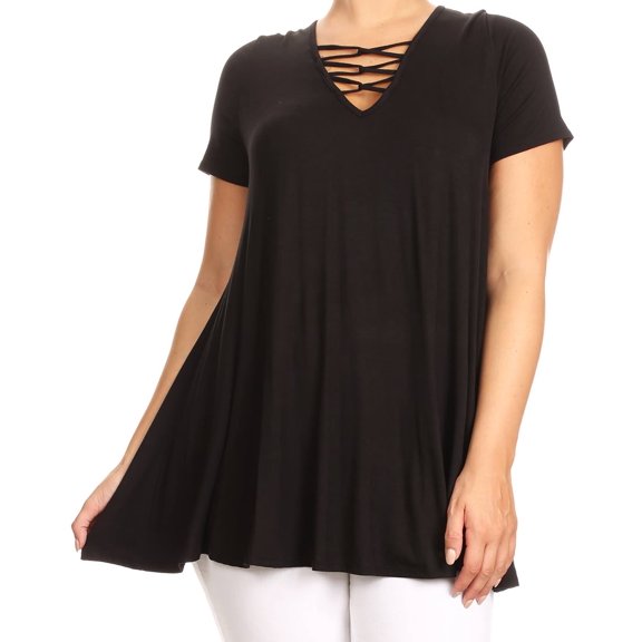 Woman Missy Solid Long Body Crossed Neckline Tunic Knit Top Tee Black S B508 BNY Corner