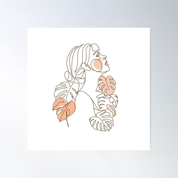 Woman Monstera Leaves One Line Drawing Art. Continuous Line Style. Abstract Minimal Illustration Poster Wall Art, Modern Wall Decor For Living Room Bedroom, 30x30 UNFRAMED