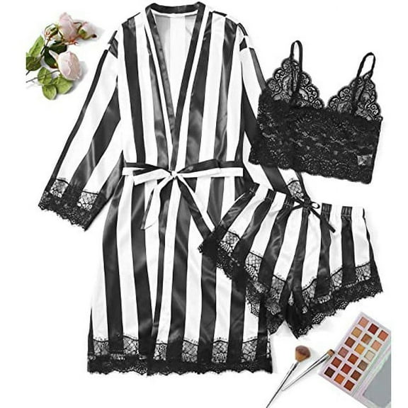 Woman Nightgown Clearance Plus Size Lingerie Women Silk Stripe Robe Satin Bathrobe Sleepwear Pajamas