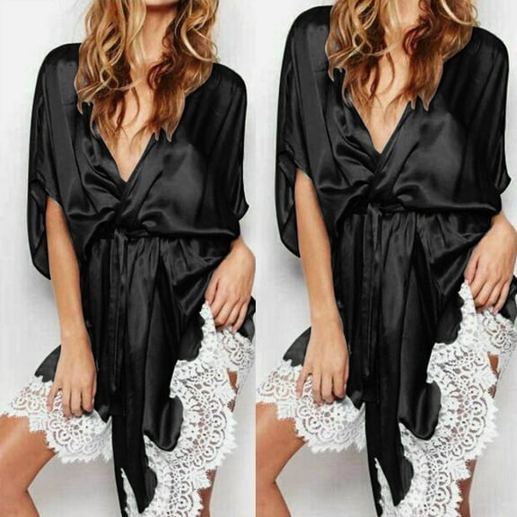 Woman Nightgown Clearance Women Lace Silk Long Sleeve Pajamas Sleepwear Robe With Belt Bathrobe