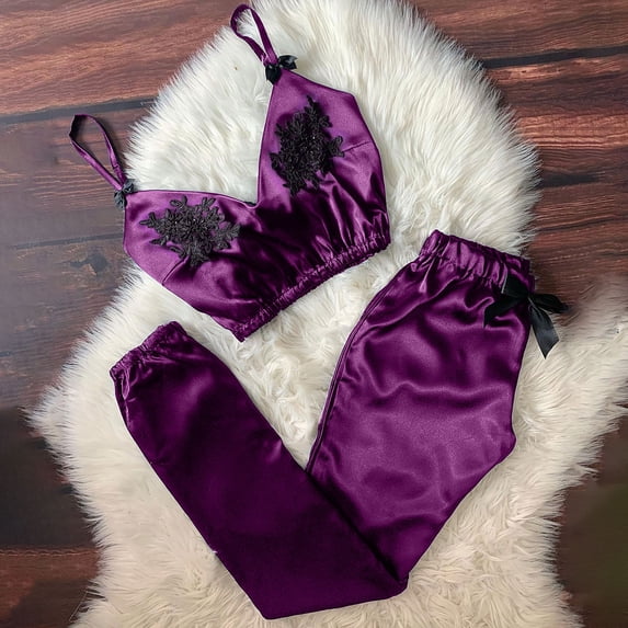 Woman Nightgown Clearance Women V-Neck Eyelash Lace Stain Camisole Pajamas Bowknot Pants Set