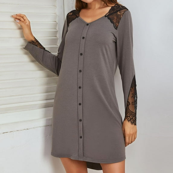 Woman Nightgown Clearance Women's Fashion Solid Color V-neck Comfortable Loose Camisole Lace Long Sleeves Blouse Casual Tops Dress