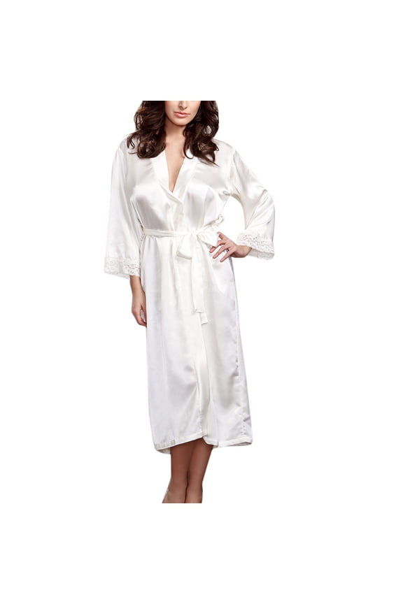 Woman Nightgown Kimono Robe Cover up Long Floral Satin Sleepwear Silky Bathrobe Robe Plus Size White L