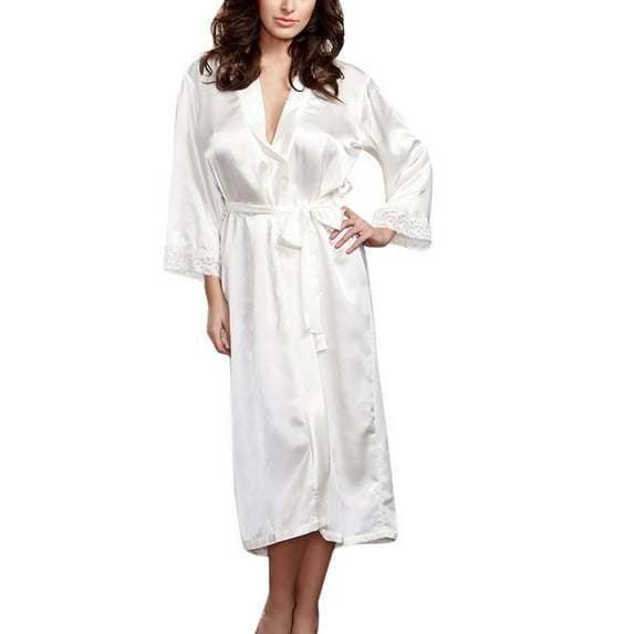 Woman Nightgown Kimono Robe Cover up Long Floral Satin Sleepwear Silky Bathrobe Robe Plus Size White M