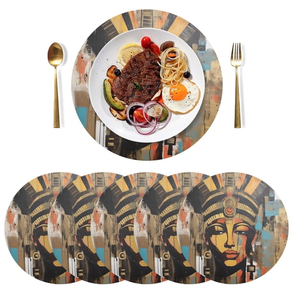 Woman Of Face Black Round Placemats Plate Mats 15 Inch Non-Slip Heat Resistant Washable PVC Set Indoor for Kitchen Dining Table 4PCs