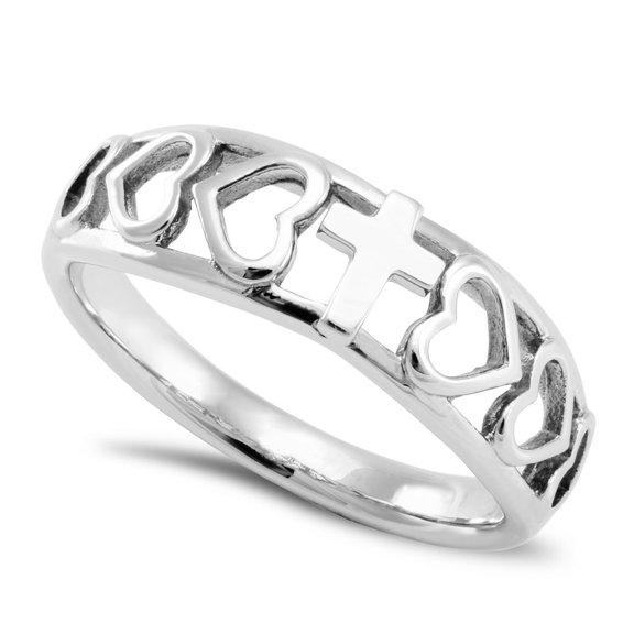 Woman Of God Heart Cutout Ring with Cross, Stainless Steel