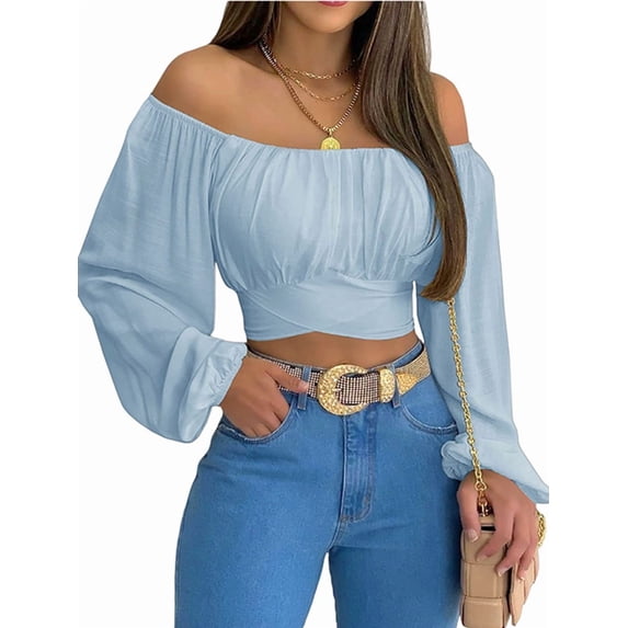 Woman Off Shoulder Ruched Tie Back Crop Top Summer Lantern Sleeve Boho Shirt Blouse Blue M