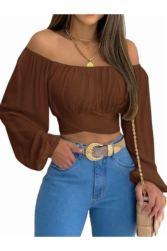 Woman Off Shoulder Ruched Tie Back Crop Top Summer Lantern Sleeve Boho Shirt Blouse Dark Brown XL