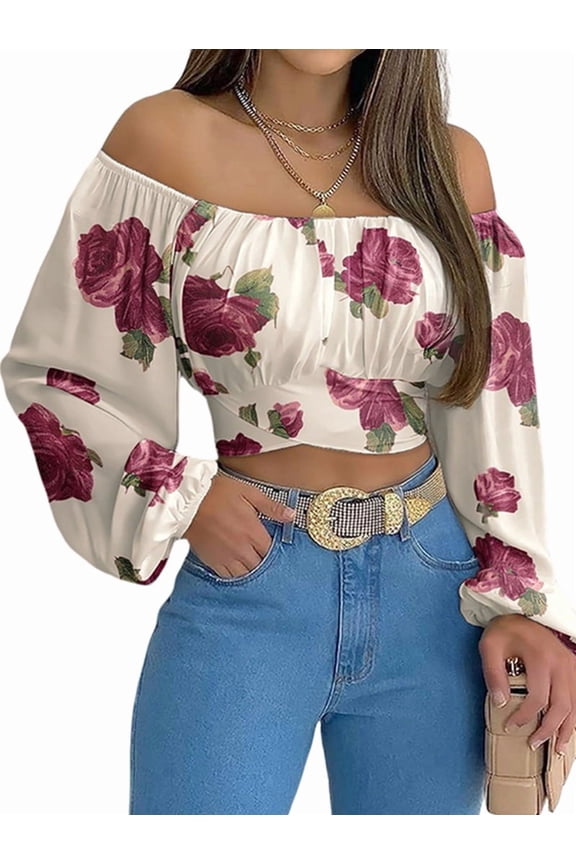 Woman Off Shoulder Ruched Tie Back Crop Top Summer Lantern Sleeve Boho Shirt Blouse Print S