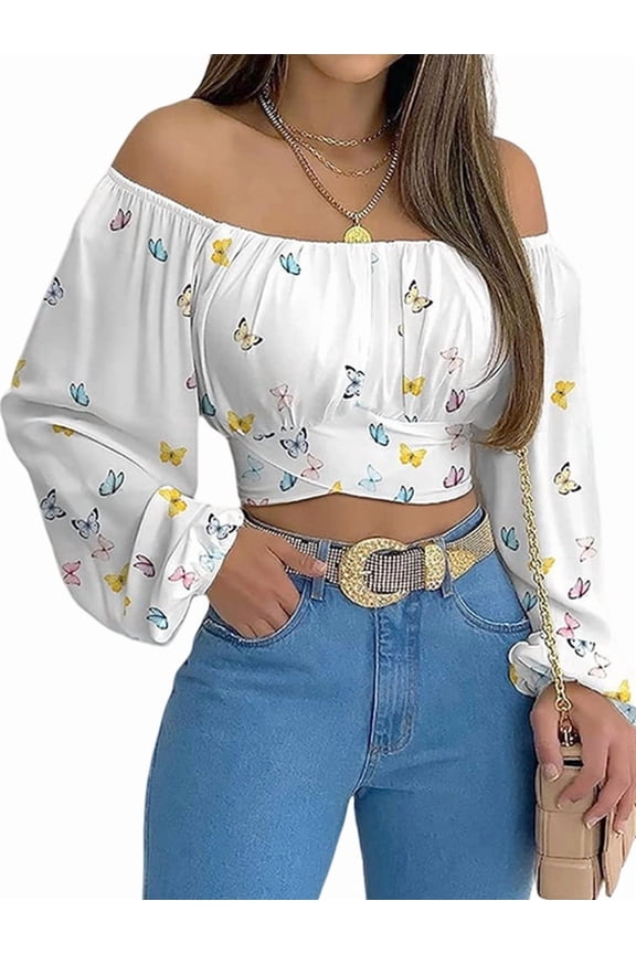Woman Off Shoulder Ruched Tie Back Crop Top Summer Lantern Sleeve Boho Shirt Blouse White Butterfly S