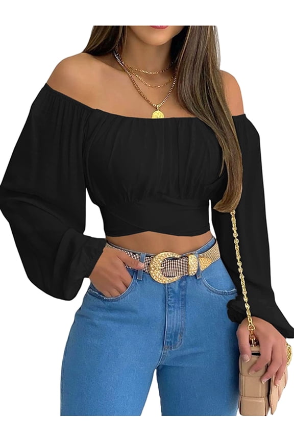Woman Off Shoulder Ruched Tie Back Crop Top Summer Lantern Sleeve Boho Shirt Blouse