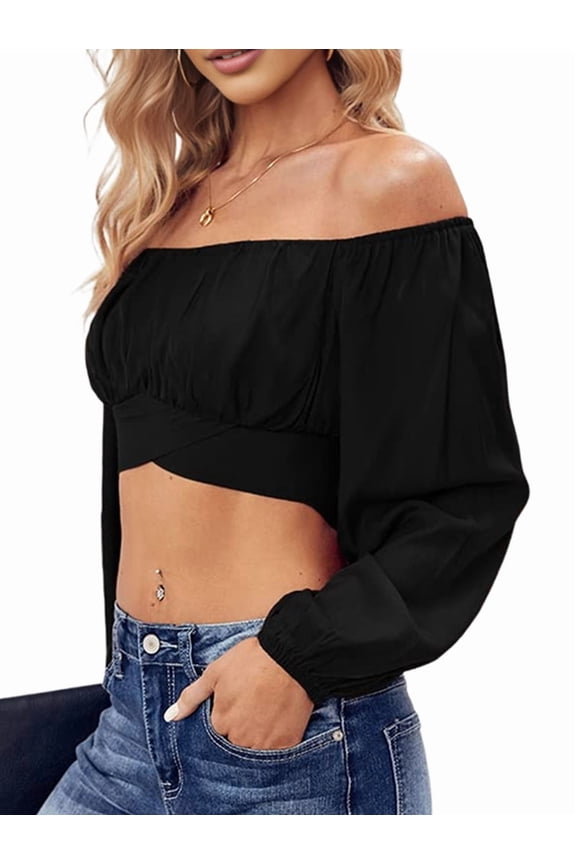 Woman Off Shoulder Ruched Tie Back Crop Top Summer Lantern Sleeve Boho Shirt Blouse