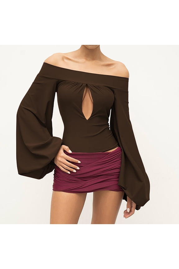 Woman Off Shoulder Ruched Tie Back Lantern Sleeve Crop Tube Top Chiffon Blouse Brown M