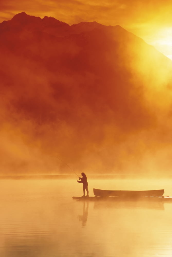 Woman On Dock Robe Lake Sunrise Sc Ak Summer Chugach Mts Canoe & Flyfishing Canvas Art - Michael DeYoung Design Pics (11 x 17)