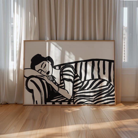 Woman On Sofa Art Print Black Stripes Unique Line Drawing