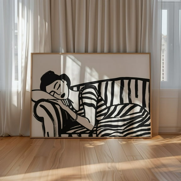 Woman On Sofa Black Stripes Unique Line Drawing