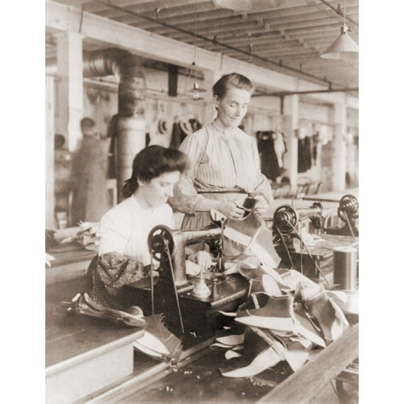 Woman Operating A Belt Driven Sewing Machine At A Shoe Factory In Lynn History (18 x 24)