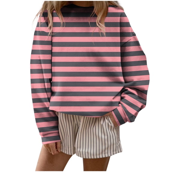 Woman Oversized Sweatshirt Striped Pullover Round Neck Long Sleeve Tops Loose Casual Pullover Sweat Tops Loose Fit Sweaters Fall Winter Cosy Tunics Streetwear 02-Hot Pink XL