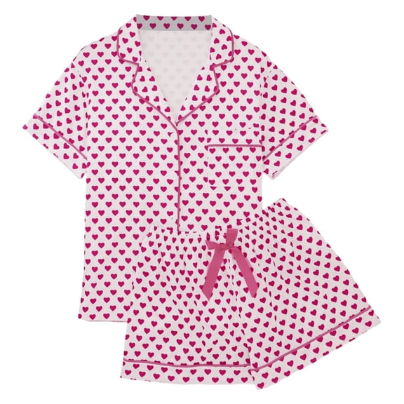 Woman Pajama Set Valentine Pajamas Short Sleeve Heart Print Sleepwear Soft Button down Loungewear Matching Pajama Set