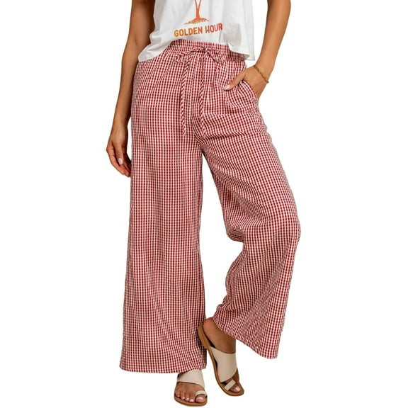 Woman Palazzo Wide Leg Pants High Waisted Drawstring Summer Fall Lounge Casual Flowy Trousers with Pockets Red XXL