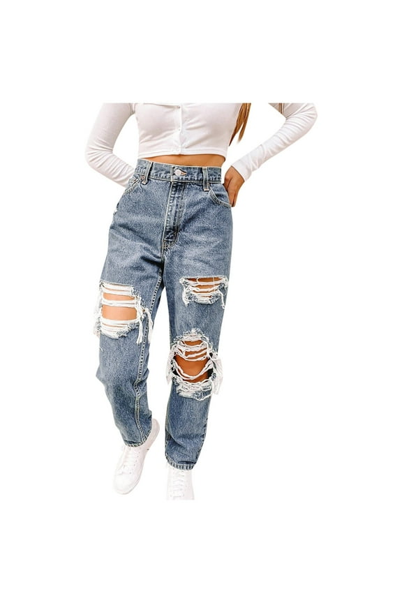 Woman Pants 2025 Denim High Large Ripped Fashion Baggy Pocket Jeans Jeans Women Elastic Waisted Plus Size Pants Plus Size Pants for Women