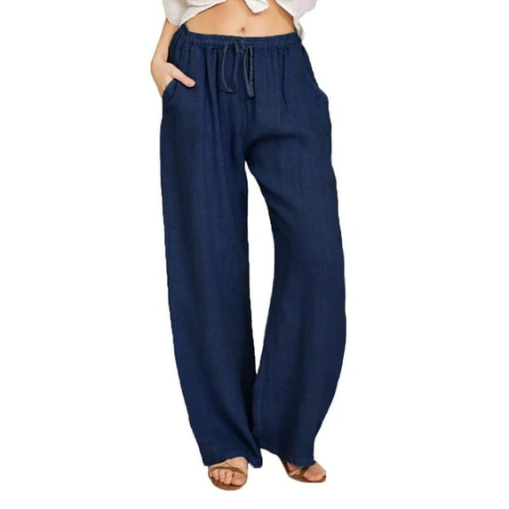Woman Pants Women Solid Cotton Linen Drawstring Elastic Waist Long Wide Leg Pants Navy 10(XL)
