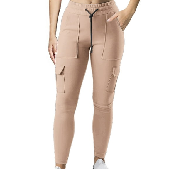 Woman Pants Women's Pants Work Sports Elastic Waist String Side Pocket Small Leg Trousers Beige 4(S)