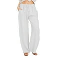 thumbnail image 1 of Woman Pants Women Solid Cotton Linen Drawstring Elastic Waist Long Wide Leg Pants White 8(L), 1 of 6