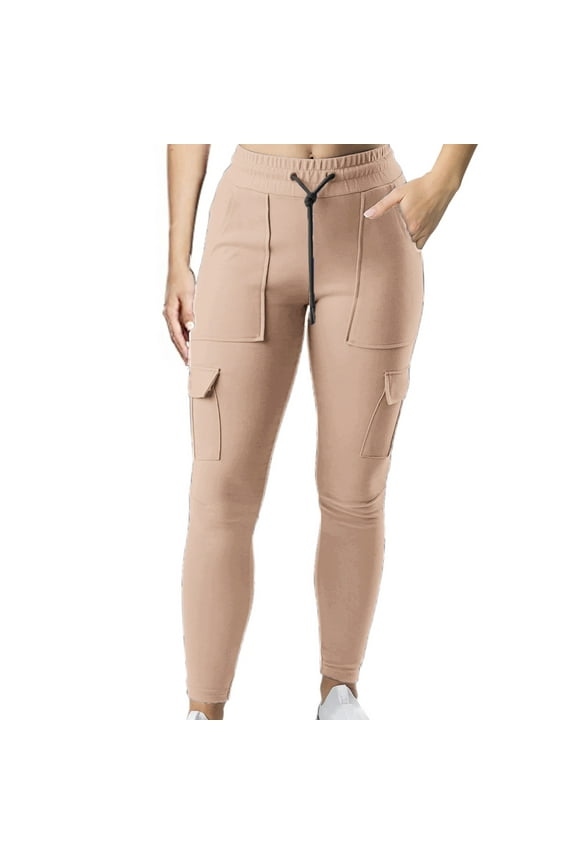 Woman Pants Women's Pants Work Sports Elastic Waist String Side Pocket Small Leg Trousers Beige 10(XL)