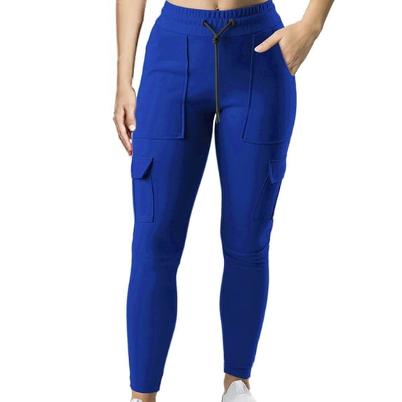 Woman Pants Women's Pants Work Sports Elastic Waist String Side Pocket Small Leg Trousers Blue 4(S)