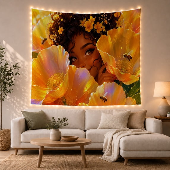Woman Peeking Through Poppy Blooms in Golden Glow, Whimsical Illustration for Nature Lovers, Floral Art Decor, Birthday Gift, Tapestry Wall Hanging for Bedroom and Living Room