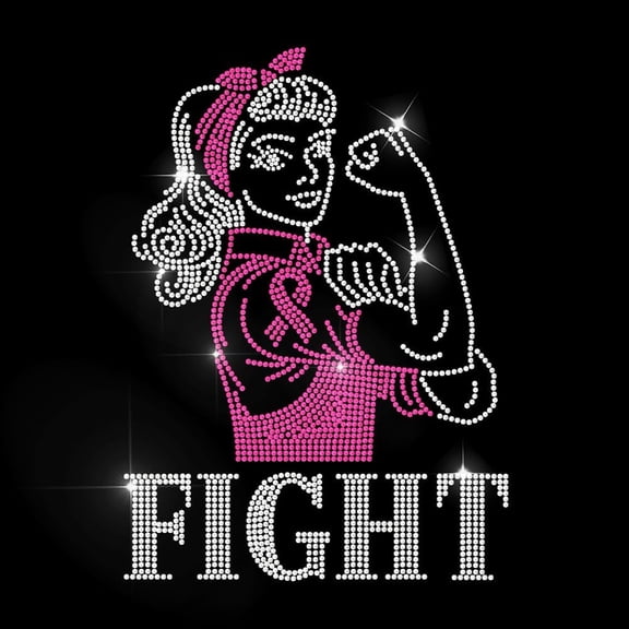 Woman Pink Ribbon Fight Rhinestone Iron on Hotfix Transfer Woman Power Heat Transfer Sticker Fighting Bling Clothing Decoration Applique for Shirt Bag Hat Jacket Jeans Shoes DIY Crafts