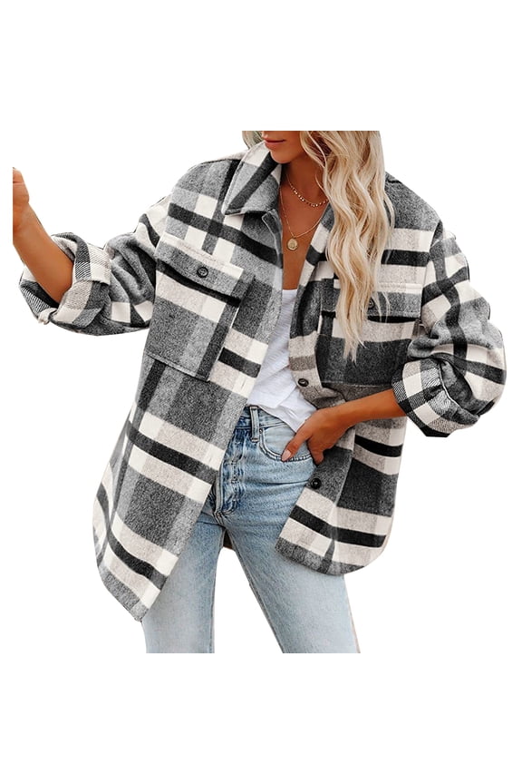 Woman Plaid Jacket Fashionable Loose Comfortable Soft Female Grid Pattern Button Jacket for Work Travelling Black White Grid XL