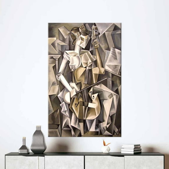 Woman Playing A Cello, Canvas Print, Canvas Gift, 3D Printed Canvas, Abstract Woman Canvas Decor, Musician Woman Wall Decor, Cubism Printed, Canvas Wall Decor - Natural Framed