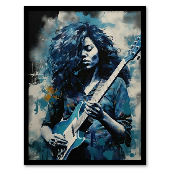 Woman Playing The Electric Guitar Acrylic Painting Female Blues Musician Splat Paint Portrait Music Art Print Framed Poster Wall Decor 12x16 inch