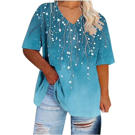 Woman Plus Size Floral Tee Shirts Short Sleeve Loose Tops Vneck Pullover Tshirt Summer Blouses