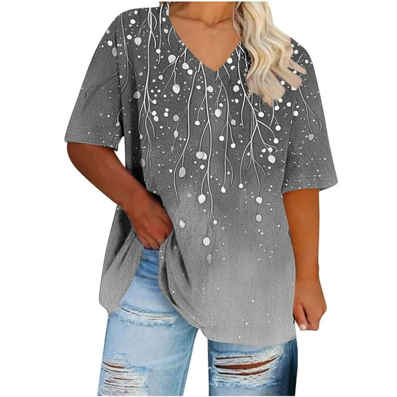 Woman Plus Size Floral Tee Shirts Short Sleeve Loose Tops Vneck Pullover Tshirt Summer Blouses