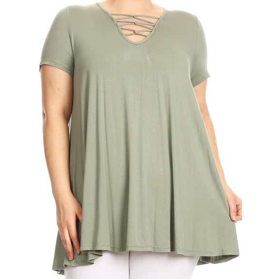 Woman Plus Size Solid Long Body Crossed Neckline Tunic Knit Top Tee Sage 1XL B508 BNY Corner