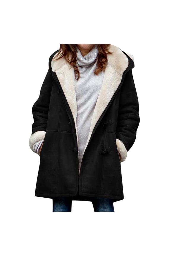 Woman Plus Size Winter Coat Clearance FELTREE Women's Autumn And Winter Casual Plush Women's Hooded Five Quarter Sleeve Loose Scottish Style Buttonless Coat Long Sleeved Hooded Casual Coat Black L