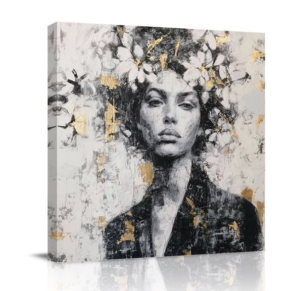 Woman Portrait Canvas Wall Art for Living Room, Abstract Female Gold White Floral Wall Decor Framed Artwork Pictures Ready to Hang for Bedroom Office Home Decor