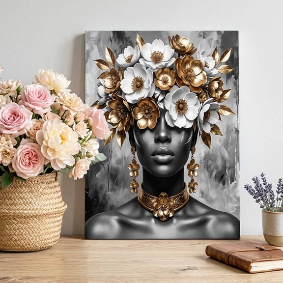 Woman Portrait Canvas Wall Art for Living Room, Modern Art White Gold Floral Choker Necklace Poster Print Painting for Small Bedroom Mini Dining Area Decoration Wall Pictures Prepare To Hang 11"x14"