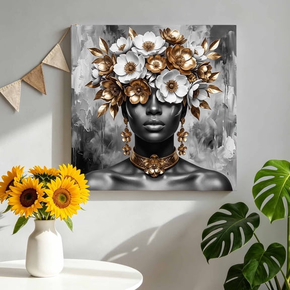 Woman Portrait Canvas Wall Art, Modern Art White Gold Floral Choker Necklace Framed Picture Canvas Wall Art Print Decor Artwork Decorations for Living Room Bedroom Ready to Hang 8" x 8"