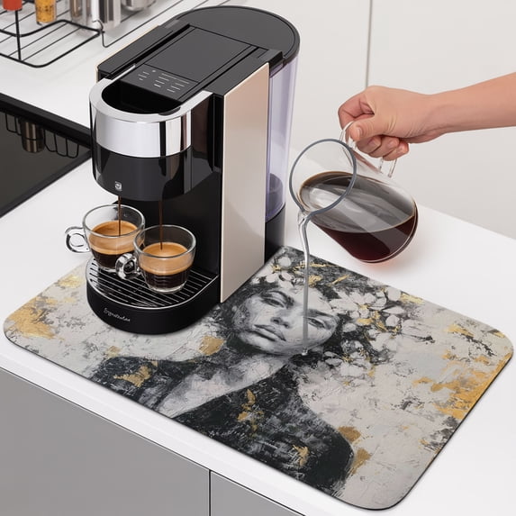 Woman Portrait Dish Drying Mats for Kitchen Counter, Abstract Female Gold White Floral Absorbent Coffee Bar Mat with Non-slip Rubber Backed Quick Drying Dish Rack Pad 12"x16"