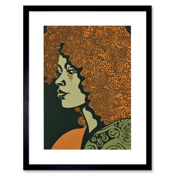 Woman Portrait Illustration with Pattern Afro Hair Artwork Framed Wall Art Print 9X7 Inch