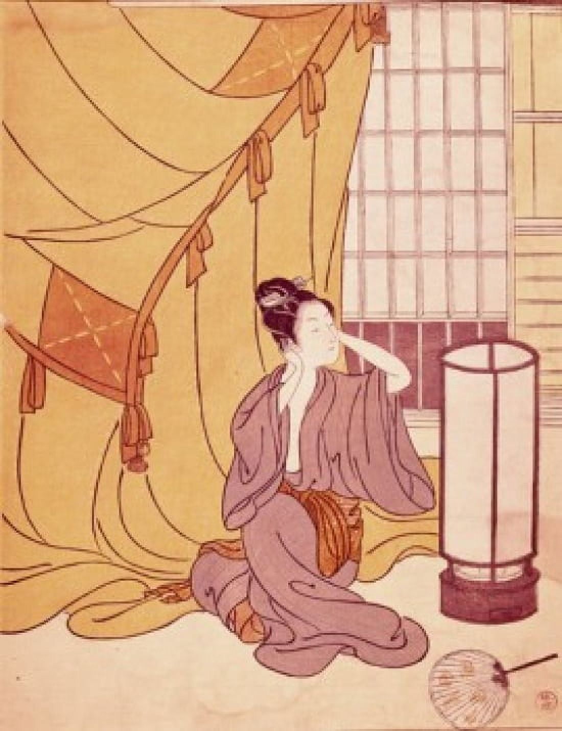 Woman Primping Artist Unknown (Japanese) Woodblock print Canvas Art - (18 x 24)